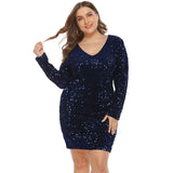 Women Plus Size Mini Dresses Nightclub Sexy Sequined V-neck Long Sleeve Tight Bodycon Dress