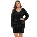 Women Plus Size Mini Dresses Nightclub Sexy Sequined V-neck Long Sleeve Tight Bodycon Dress