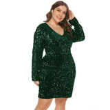 Women Plus Size Mini Dresses Nightclub Sexy Sequined V-neck Long Sleeve Tight Bodycon Dress