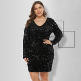 Women Plus Size Mini Dresses Nightclub Sexy Sequined V-neck Long Sleeve Tight Bodycon Dress