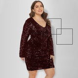 Women Plus Size Mini Dresses Nightclub Sexy Sequined V-neck Long Sleeve Tight Bodycon Dress