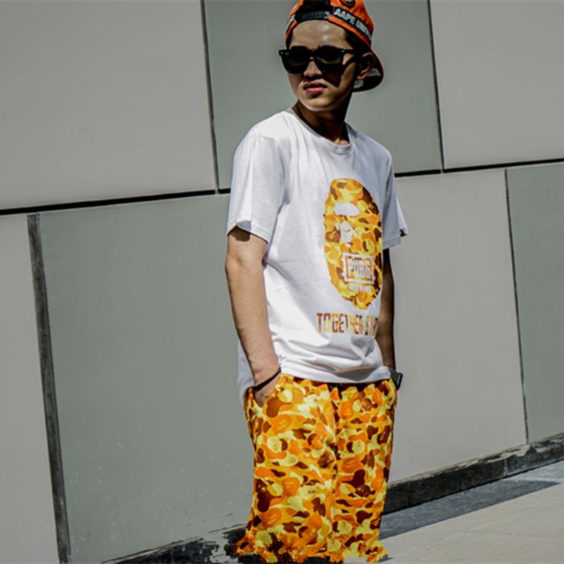 Shark Print Shorts Orange Camouflage Cotton Shorts Men Teenagers Student Cropped Shorts