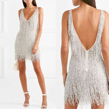 Knee Length Semi Formal Dresses for Wedding Women's Sexy Tassel V-neck Slim Dress