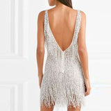Knee Length Semi Formal Dresses for Wedding Women's Sexy Tassel V-neck Slim Dress