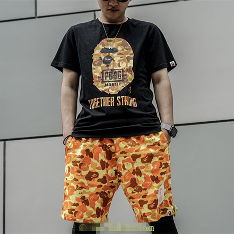 Shark Print Shorts Orange Camouflage Cotton Shorts Men Teenagers Student Cropped Shorts