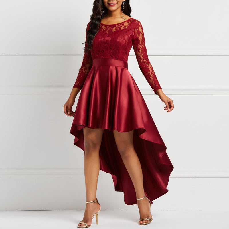 Prom Dresses Women's Autumn round Neck Long Sleeve Asymmetric Skirt Graceful Skirt