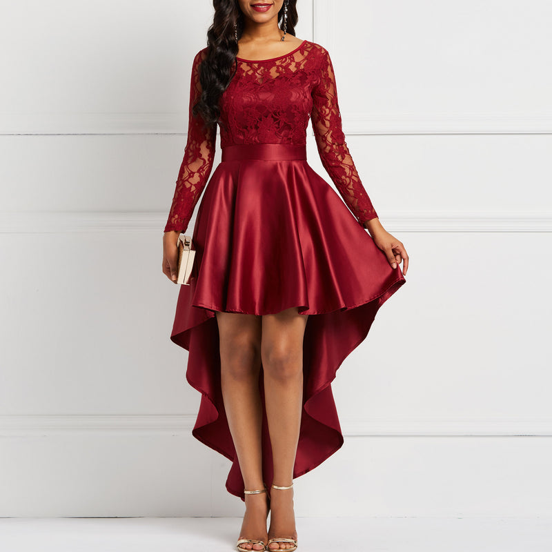 Prom Dresses Women's Autumn round Neck Long Sleeve Asymmetric Skirt Graceful Skirt