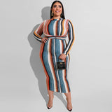 Women Plus Size Maxi Dresses Color Striped Tight Tied Dress