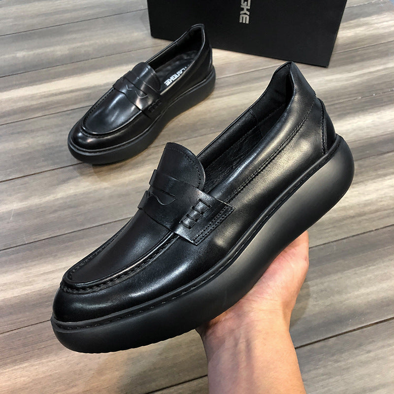 Loafers for Men Cowhide Lightweight Platform Height Increasing Men's Muffin Leather Shoes