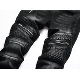 J Shaped Jeans New Men's Jeans Slim Straight Pleated Zipper Motorcycle Snowflake Holes, Blue