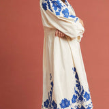 Women Dresses V-neck Embroidered Flower Lantern Sleeve Fashion Dress