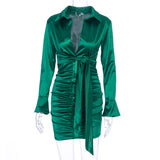 Dakota Johnson Red Mini Dress Pleated Long Sleeve Lace-up