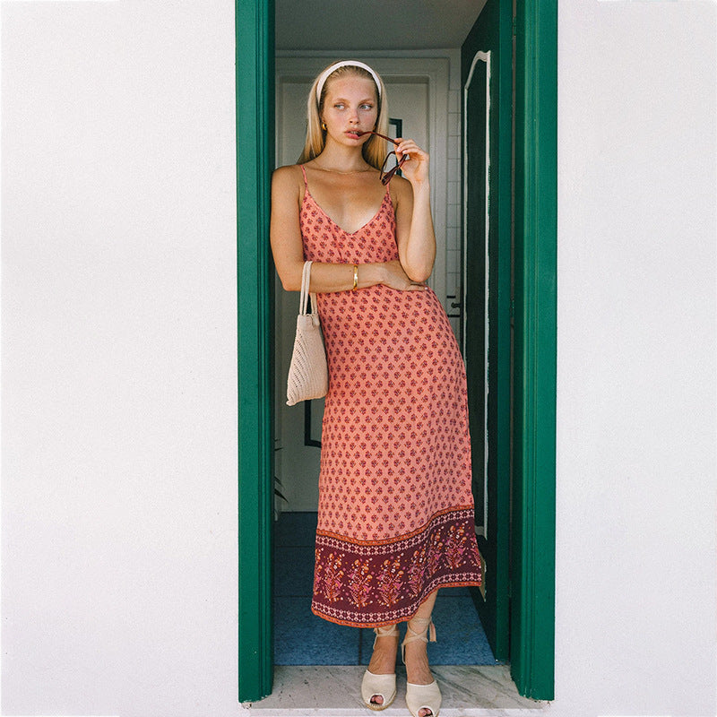 Beth Dutton Bohemian Dress Summer Spring Midi Dresses Spring/Summer Bohemian Print Patchwork Slit Straight Strap Dress