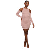 Solid Color Pleated Dress With Sleeves