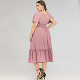 Women Plus Size Maxi Dresses Spring and Summer Short Sleeve V-neck Dress