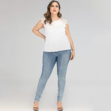 Women Plus Size Tops Summer Pullover Crew Neck Shirt Splicing Lace Top