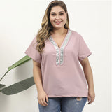 Women Plus Size Tops Spring and Summer Leisure T-shirt V-neck Ruffle Sleeve Pink Blouse