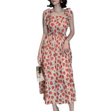 Strawberry Print Strap Chiffon Dress Cottagecore Dress