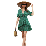 Beth Dutton Bohemian Dress Summer Spring Mini Dresses Bohemian Floral Patchwork Ruffled V-neck Lace-up Flare Sleeve Dress