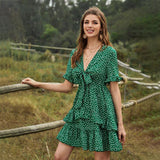 Beth Dutton Bohemian Dress Summer Spring Mini Dresses Bohemian Floral Patchwork Ruffled V-neck Lace-up Flare Sleeve Dress