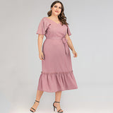 Women Plus Size Maxi Dresses Spring and Summer Short Sleeve V-neck Dress