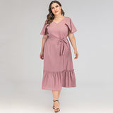 Women Plus Size Maxi Dresses Spring and Summer Short Sleeve V-neck Dress