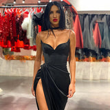 Emily Ratajkowski Dress Pure Color Split Sexy Slim-Fit Suspender Dress