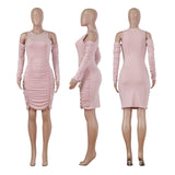 Solid Color Pleated Dress With Sleeves