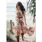 Women Dresses Summer Bohemian Beach Sexy Vintage Print Lace-up Dress