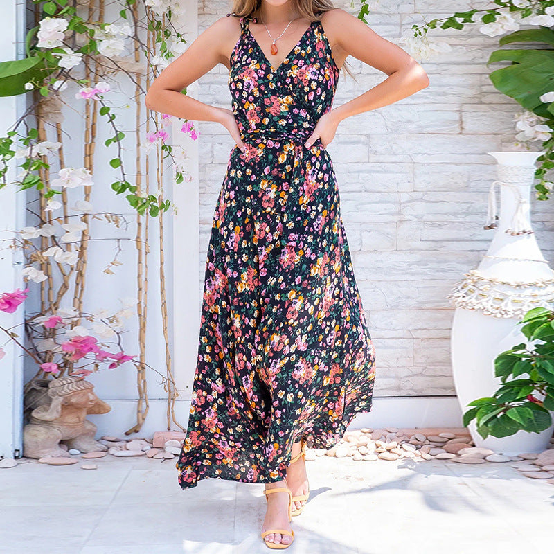 Women Bohemian Dress Little Daisy Slim-Fit Floral Midi Strap Dress