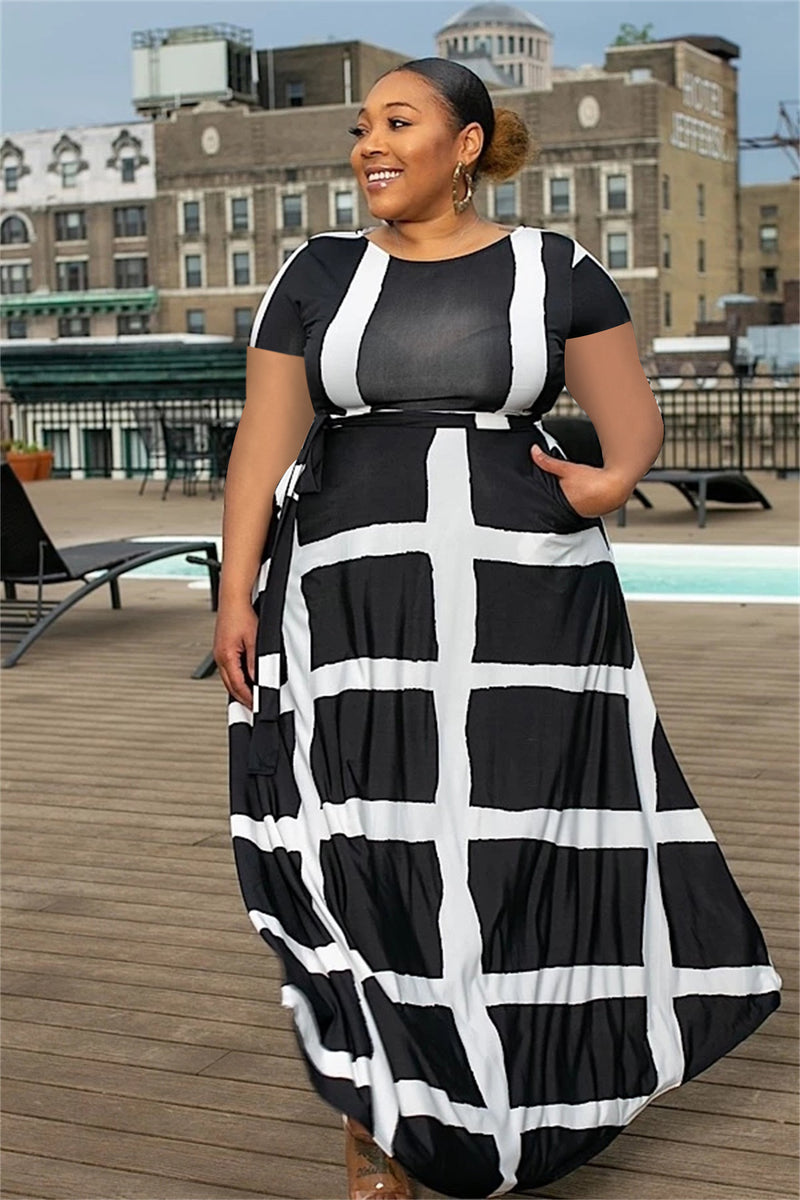 Women Plus Size Maxi Dresses Waist Trimming Printing Short Sleeve Dress with Pockets