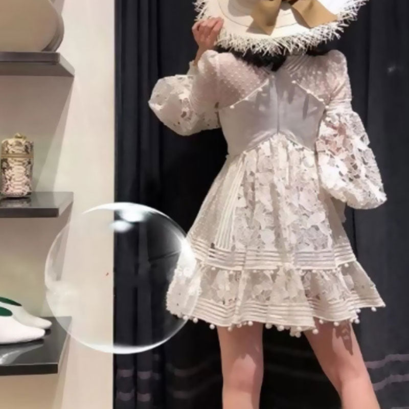 Women Dresses Spring/Summer Embroidered Flower Puff Sleeve V-neck Vacation Hollow-Out Lace Skirt