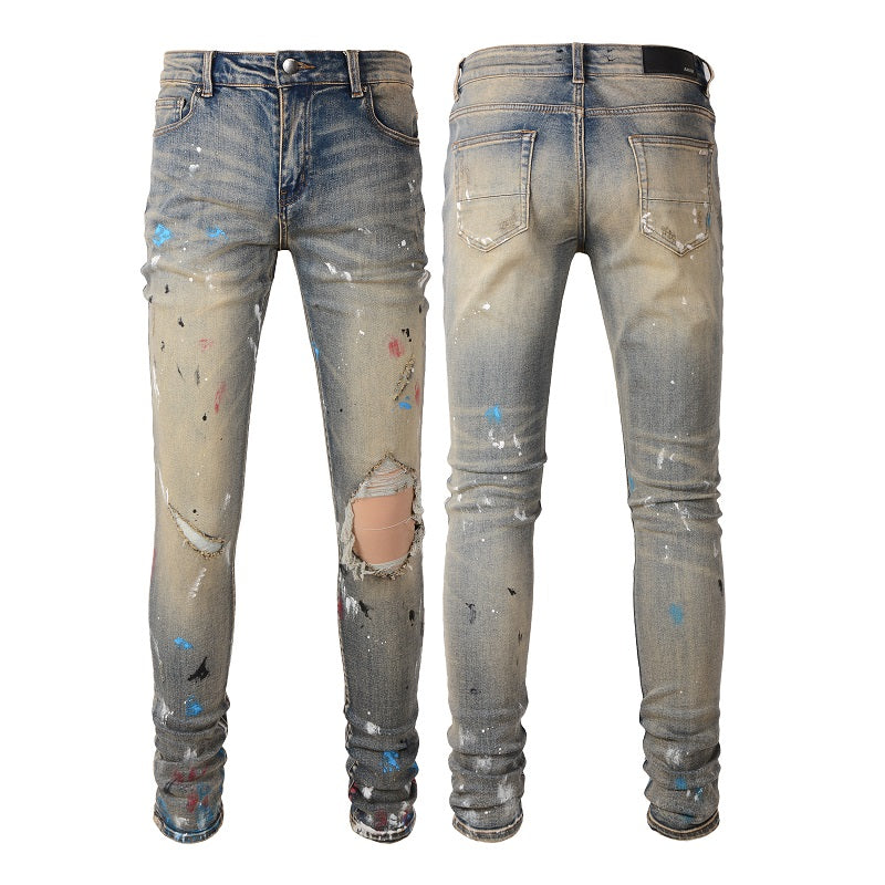 Amiri Jeans Casual Hip Hop Wash Splash-Ink Painted Slim Jeans Casual Fashionable 6556