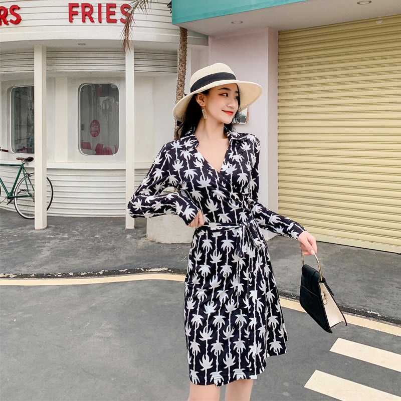 Black and White Dress Black and White Palm Tree Print Slim Fit Slim Dress