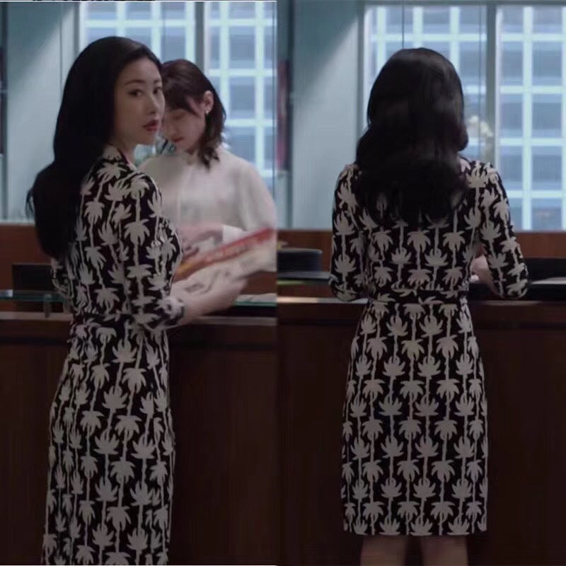 Black and White Dress Black and White Palm Tree Print Slim Fit Slim Dress