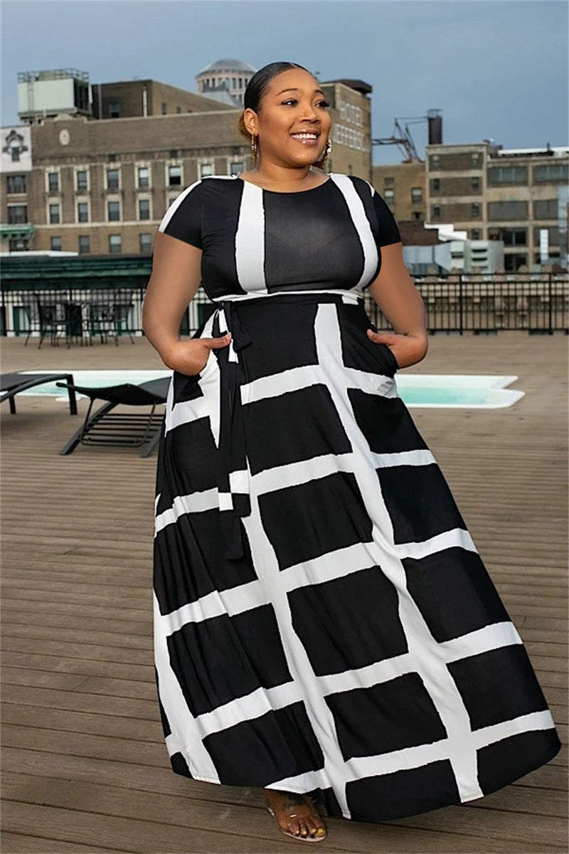 Women Plus Size Maxi Dresses Waist Trimming Printing Short Sleeve Dress with Pockets