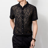 Transparent Shirt for Men Hollow out Men's Short Sleeve Printed Shirt Young and Middle-Aged Men's Casual Half Sleeve Shirt