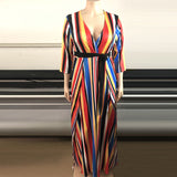 Women Plus Size Maxi Dressesv Collar Tight Large Swing Striped Printed Dress