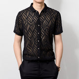Transparent Shirt for Men Hollow out Men's Short Sleeve Printed Shirt Young and Middle-Aged Men's Casual Half Sleeve Shirt