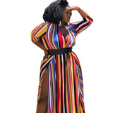 Women Plus Size Maxi Dressesv Collar Tight Large Swing Striped Printed Dress