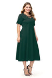 Women plus Size Dresses Fashionable round Neck Stitching Burnt Flower Mid-Length Solid Color Short Sleeve Dress
