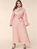 Women Plus Size Dresses Stand Collar Embroidery Flared Sleeves Long Sleeves Dress