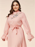 Women Plus Size Dresses Stand Collar Embroidery Flared Sleeves Long Sleeves Dress