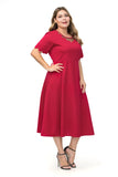 Women plus Size Dresses Fashionable round Neck Stitching Burnt Flower Mid-Length Solid Color Short Sleeve Dress