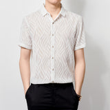 Transparent Shirt for Men Hollow out Men's Short Sleeve Printed Shirt Young and Middle-Aged Men's Casual Half Sleeve Shirt