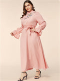 Women Plus Size Dresses Stand Collar Embroidery Flared Sleeves Long Sleeves Dress