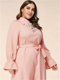 Women Plus Size Dresses Stand Collar Embroidery Flared Sleeves Long Sleeves Dress