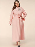 Women Plus Size Dresses Stand Collar Embroidery Flared Sleeves Long Sleeves Dress