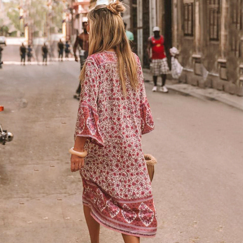 Beth Dutton Bohemian Dress Winter Autumn Midi Dresses Breasted Cardigan Printed Dress