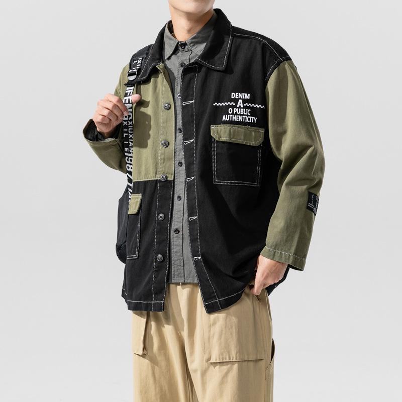 Denim Jacket Men's Hooded Stitching Printed Loose Top Men's Casual Jacket Men's Denim Jacket